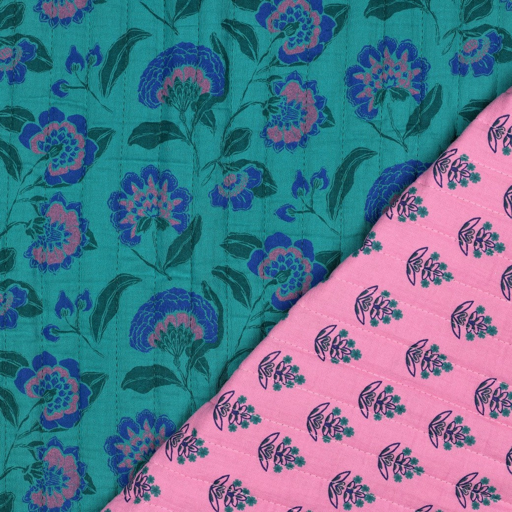 Gesteppter Musselin Blumen petrol