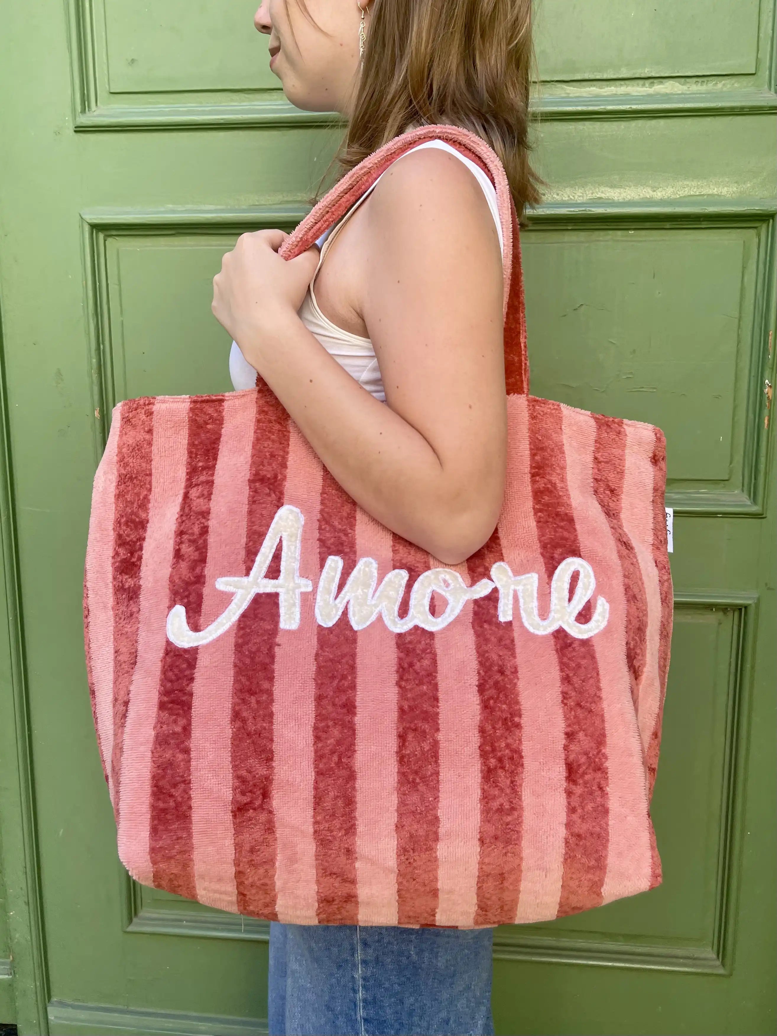 SPECIAL - Nähset BEACH BAG Frottee Streifen marsala inklusive Schnittmuster