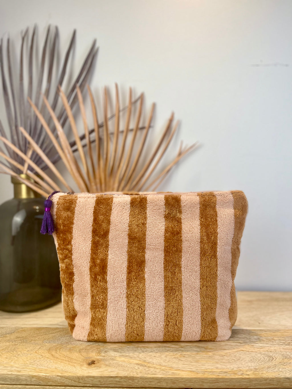 Kulturtasche Washbag Frottee Streifen braun beige