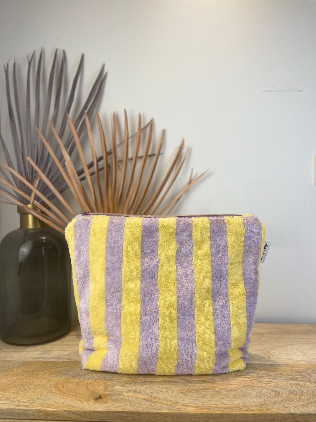 Kulturtasche Washbag Frottee Streifen lila gelb